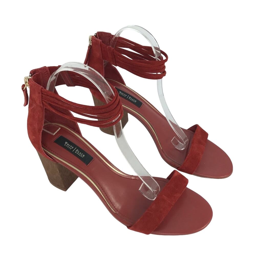 WHBM Larissa Burgundy Open Toe Heels Back Zipper Detail with gold accents